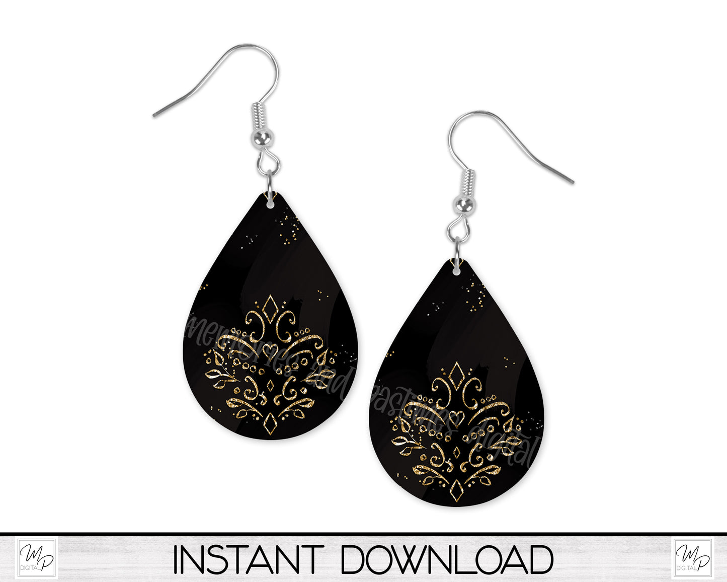 Black and Gold Teardrop Earring Design for Sublimation, Digital Download