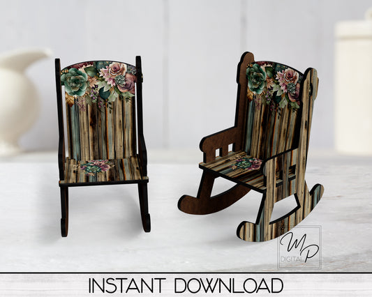 Teal and Rose Floral MDF Rocking Chair PNG Sublimation Design, Digital Download