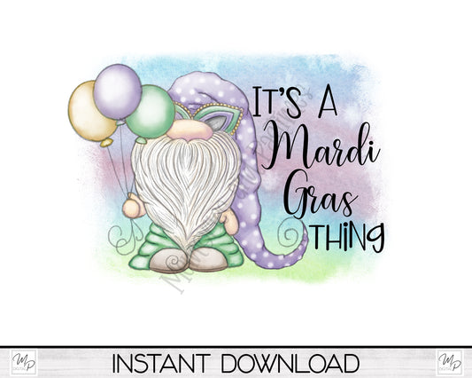 Mardi Gras Gnome Sublimation Design PNG Digital Download - Tote Tshirt Sublimation - Commercial Use
