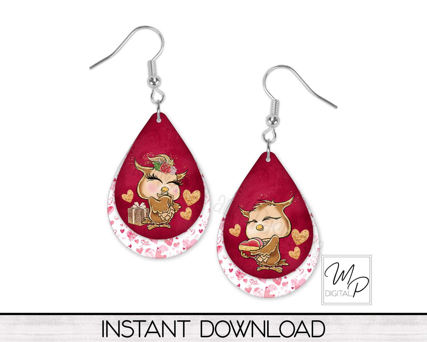 Valentine Owl Teardrop Earring Design for Sublimation, Digital Download