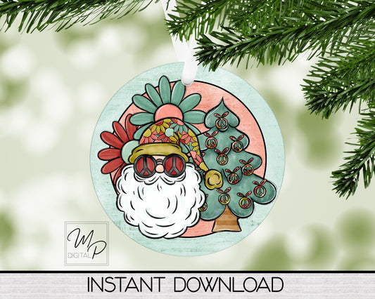 Retro Hippie Christmas Round Ornament PNG Digital Download for Sublimation