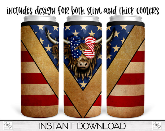 Patriotic Highland Cow Can Cooler Sublimation Design for Sublimation of Slim & Thick Duozie and Other Metal Coolers