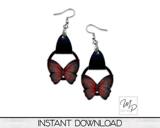 Gothic Red and Black Butterfly PNG Design for Sublimation of Earrings with Leather, Digital Download