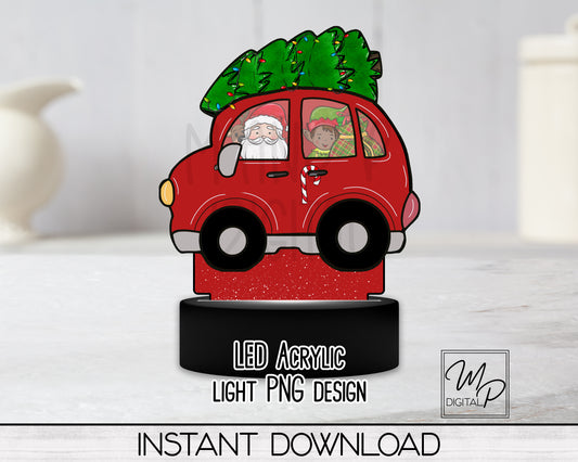 Christmas Car with Tree LED Acrylic Night Light Up Sign, PNG Sublimation Design