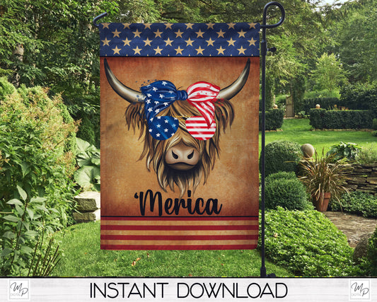 Patriotic Highland Cow Garden Flag Design for Sublimation, PNG Digital Download