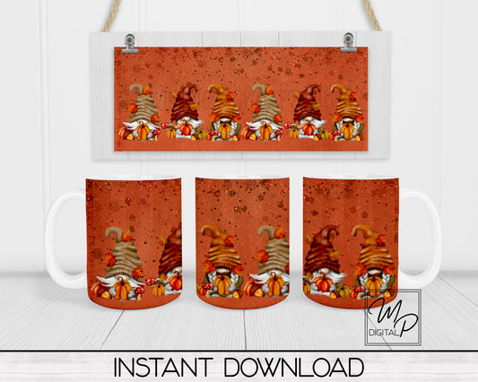 Fall Gnome Coffee Mug Sublimation Design PNG Digital Download - 11oz and 15oz - Commercial Use