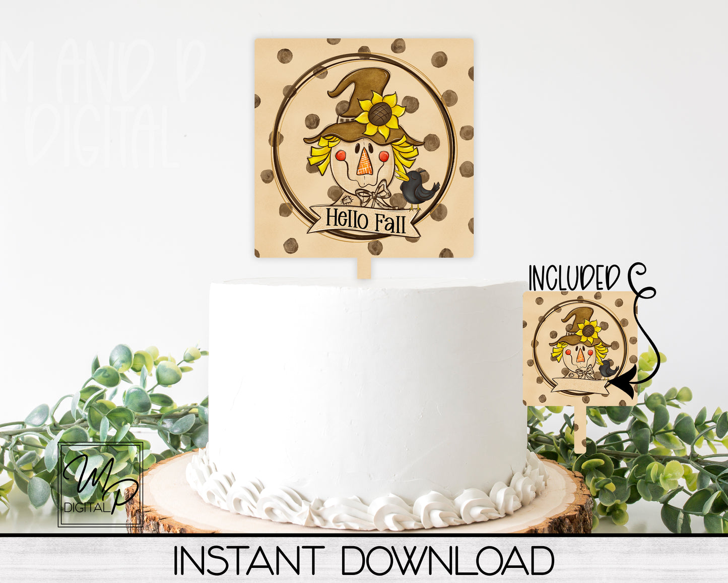 Hello Fall Scarecrow PNG Design for Sublimation of Square Cake Toppers, Digital Download