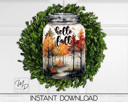 Hello Fall Mason Jar PNG Design for Sublimation, Digital Download, Commercial Use