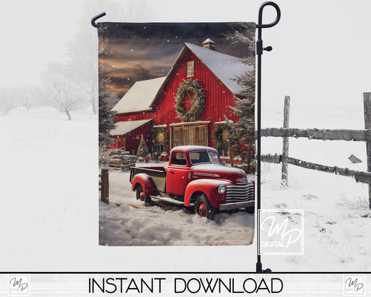 12x18 Garden Flag Sublimation Design, Red Farmhouse Truck and Barn, Patio Flag Digital Download