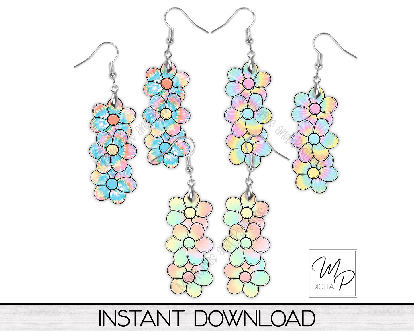 Tie Dyed Hippie Flower Trio PNG Design for Sublimation of Earrings Bundle, Digital Download