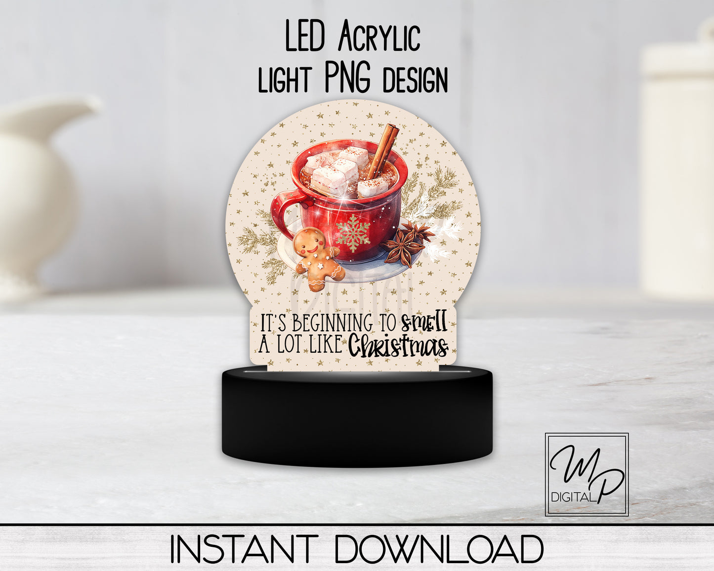 Christmas Gingerbread Round LED Light Up Sign, Acrylic Night Light PNG Sublimation Design, Digital Download