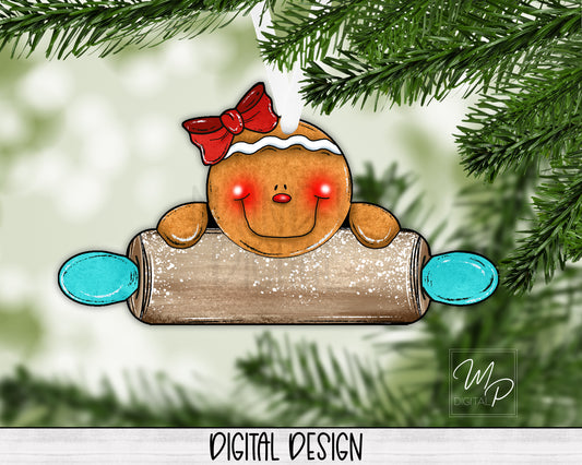 Gingerbread Girl with Rolling Pin Ornament PNG Sublimation Design, Digital Download