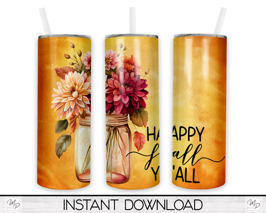 Happy Fall Y'all 20oz Skinny Tumbler PNG Sublimation Design, Digital Download