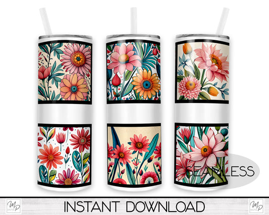 Tiled Flowers 20oz Skinny Tumbler PNG Sublimation Design, Tumbler Digital Download