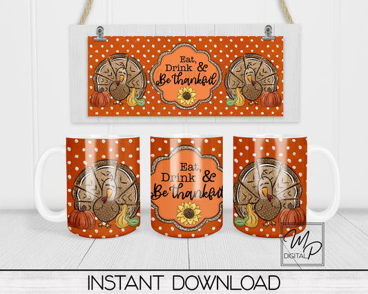 Thanksgiving Fall Turkey Coffee Mug Sublimation Design PNG Digital Download - 11oz and 15oz - Commercial Use