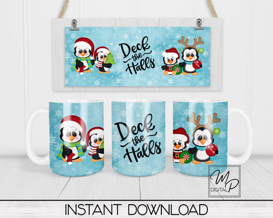 Christmas Penguins Coffee Mug Sublimation Design PNG Digital Download - 11oz and 15oz - Commercial Use