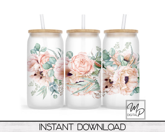 Pink Floral Glass Can Sublimation Wrap, PNG Digital Download