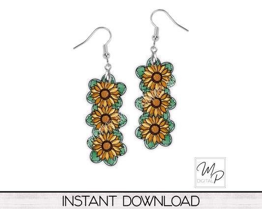 Sunflower Flower Trio PNG Design for Sublimation of Earrings, Digital Download