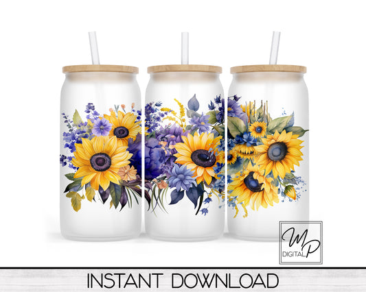 Sunflowers and Purple Flowers Glass Can Sublimation Wrap, PNG Digital Download