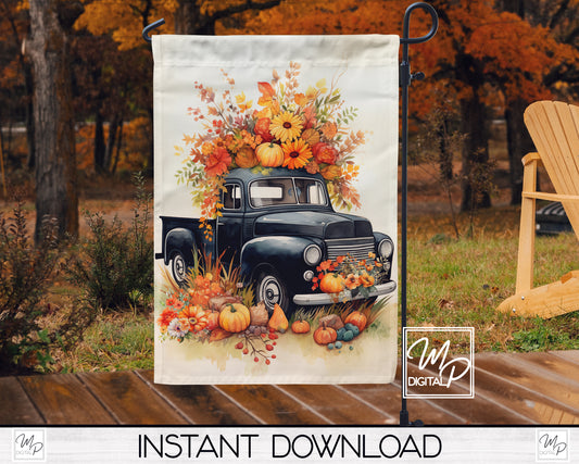 12x18 Garden Flag Sublimation Design, Fall Farmhouse Truck, Patio Flag Digital Download