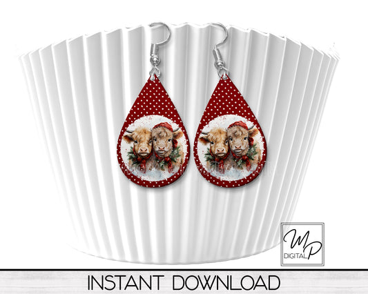 Christmas Highland Cow Teardrop Earring Design for Sublimation, Digital Download