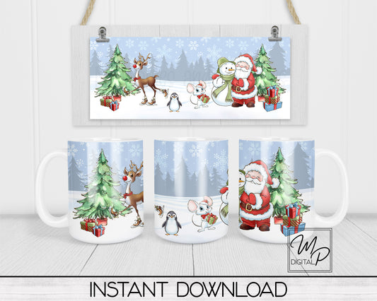 Christmas Santa and Friends Coffee Mug Sublimation Design PNG Digital Download - 11oz and 15oz - Commercial Use