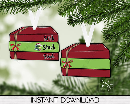Grinch Stacked Books PNG Design for Sublimation of Ornaments and Earrings, Digital Download