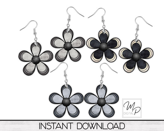 Black and Gray Daisy Flower PNG Design for Sublimation of Earrings Bundle, Digital Download