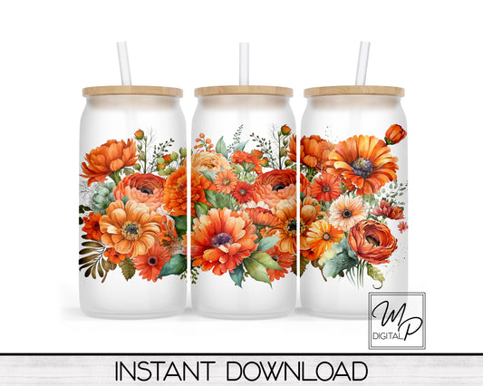 Fall Floral Glass Can Sublimation Wrap, PNG Digital Download