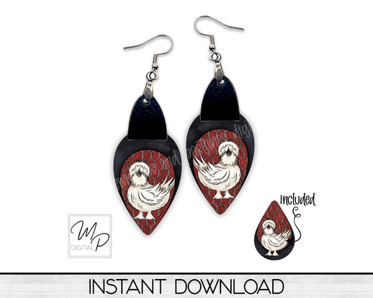Chicken Upside Down Teardrop PNG Design for Sublimation of Earrings with Leather, Digital Download