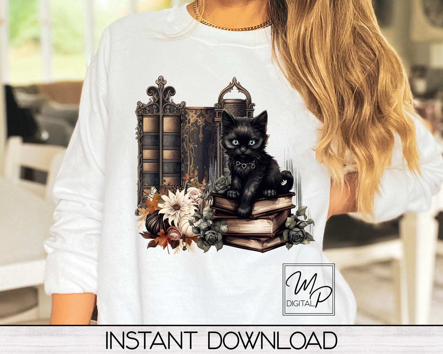 Fall Black Cat and Books Sublimation Design PNG Digital Download - Tote Mug Tshirt Tea Towel Sublimation - Commercial Use