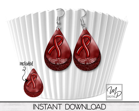 Heart Disease Awareness Ribbon Teardrop Earring Design for Sublimation, Digital Download