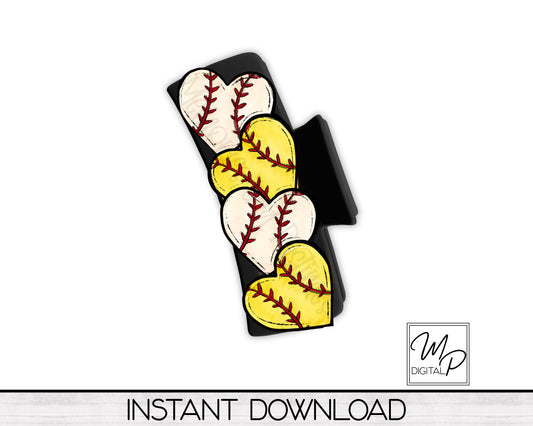 Baseball and Softball Hearts Hair Clip PNG Sublimation Design, Digital Download