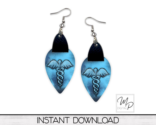 Medical Caduceus Upside Down Teardrop PNG Design for Sublimation of Earrings with Leather, Digital Download