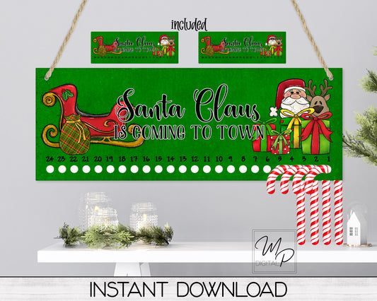 Santa and Sleigh Candy Cane Countdown Sign PNG Sublimation Digital Download, Candy Cane Holder Advent Calendar