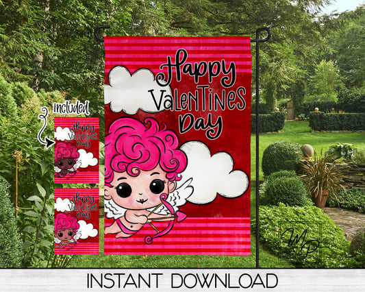 Garden Flag Sublimation Design, Happy Valentine's Day Cupid, Patio Flag Digital Download