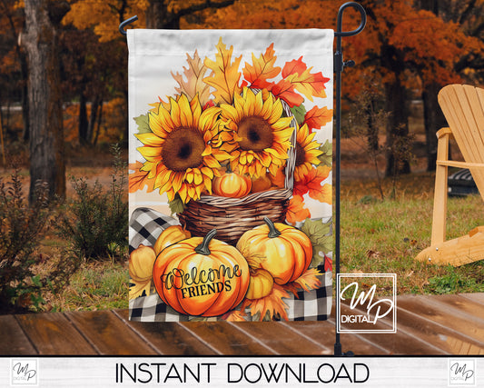 12x18 Garden Flag Sublimation Design, Sunflowers and Pumpkins, Patio Flag Digital Download