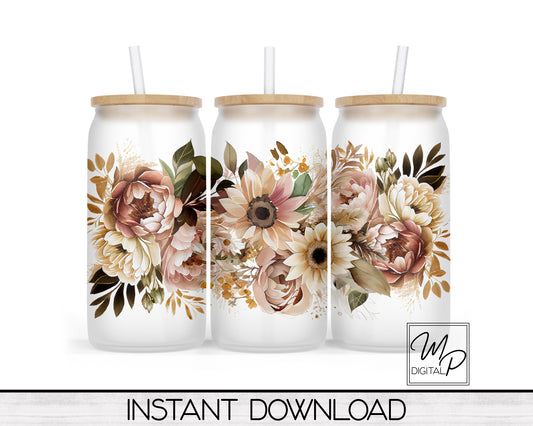 Fall Floral Glass Can Sublimation Wrap, PNG Digital Download