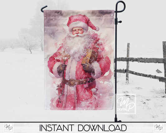 12x18 Garden Flag Sublimation Design, Pink Santa, Patio Flag Digital Download