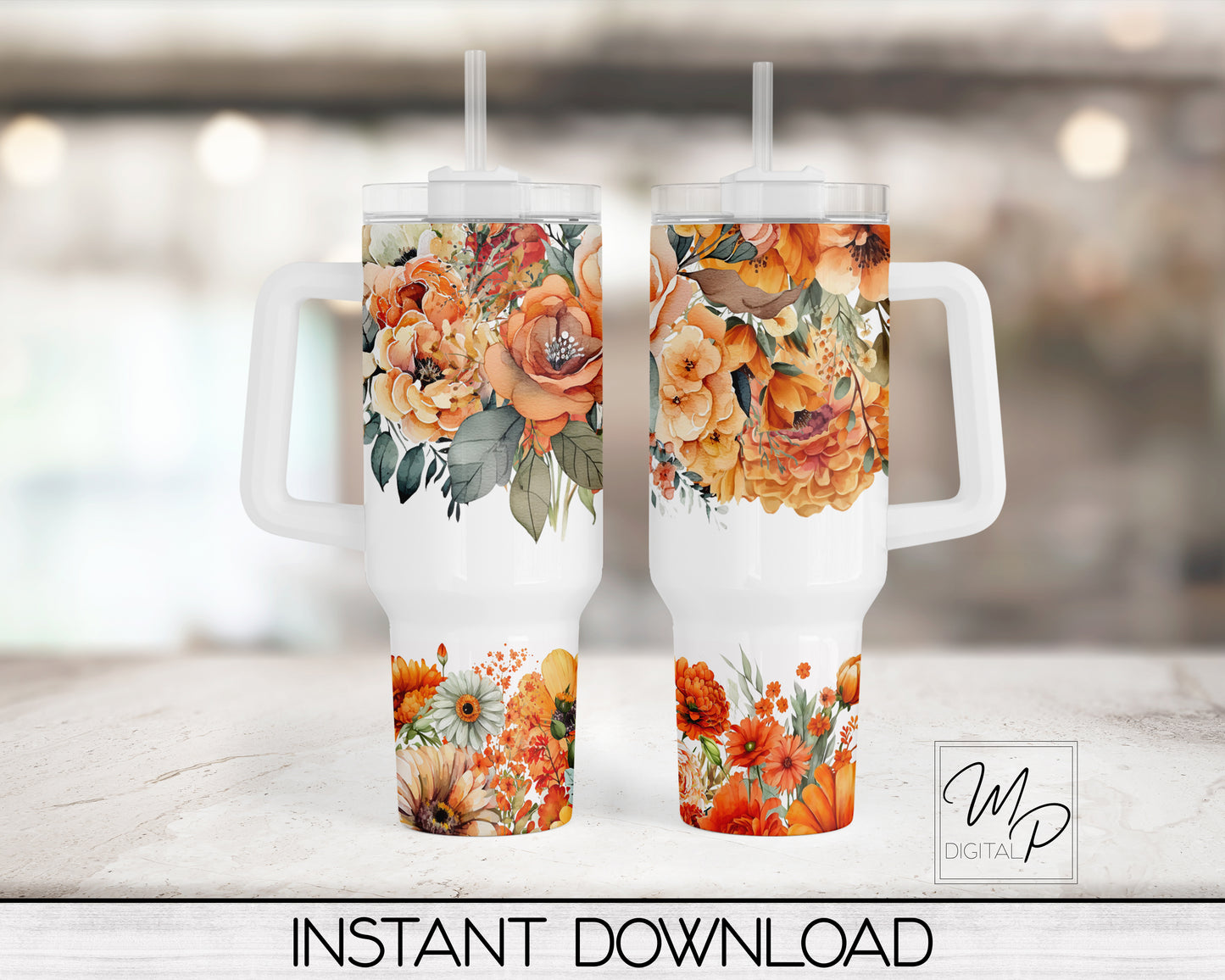 Fall Orange Floral 40oz Quencher Tumbler Wrap - PNG Tumbler Design Sublimation - Digital Designs Downloads - Commercial Use