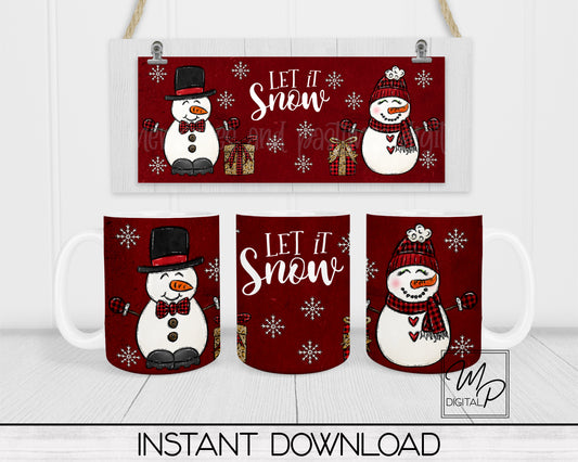 Snowman Let It Snow Coffee Mug Sublimation Design PNG Digital Download - 11oz and 15oz