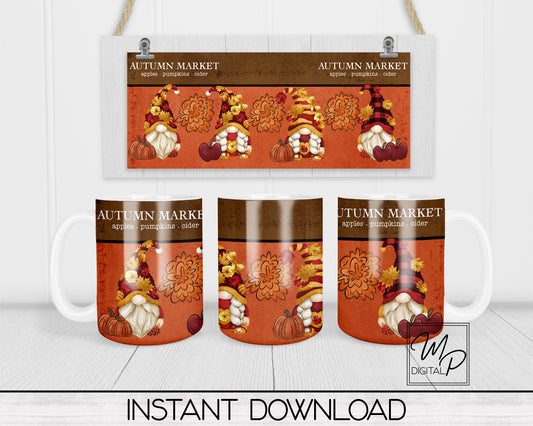 Fall Gnome Coffee Mug Sublimation Design PNG Digital Download - 11oz and 15oz - Commercial Use