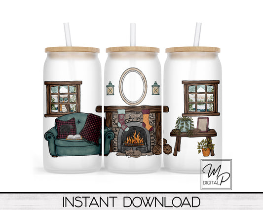 Cozy Cabin Glass Can Sublimation Wrap, PNG Digital Download