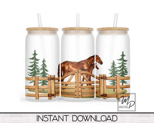 Horses Glass Can Sublimation Wrap, PNG Digital Download
