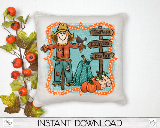 Fall Scarecrow Square Pillow Cover PNG Sublimation Design, Digital Download