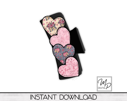 Valentine's Day Hearts Hair Clip PNG Sublimation Design, Digital Download