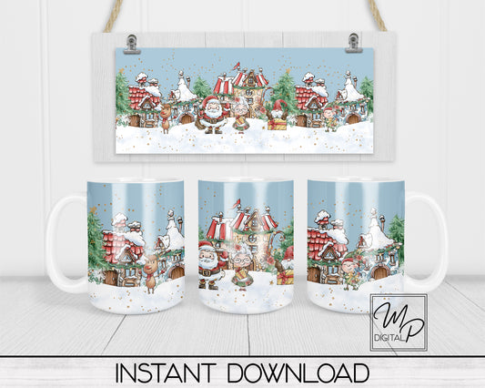 Christmas Santa's Village Coffee Mug Sublimation Design PNG Digital Download - 11oz and 15oz - Commercial Use