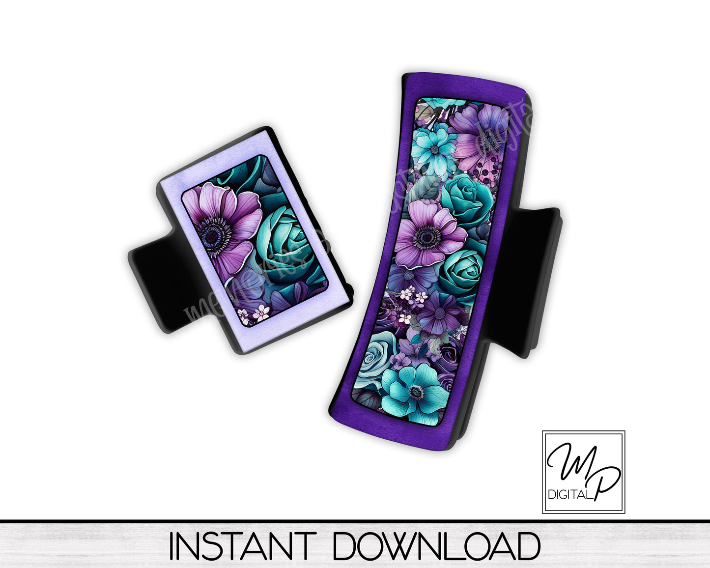 Teal and Purple Floral Hair Clip PNG Sublimation Design, Digital Download