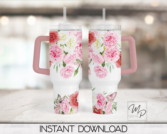 Pink Carnations and Butterflies Floral 40oz Quencher Tumbler Wrap - PNG Tumbler Design Sublimation - Digital Designs Downloads - Commercial Use