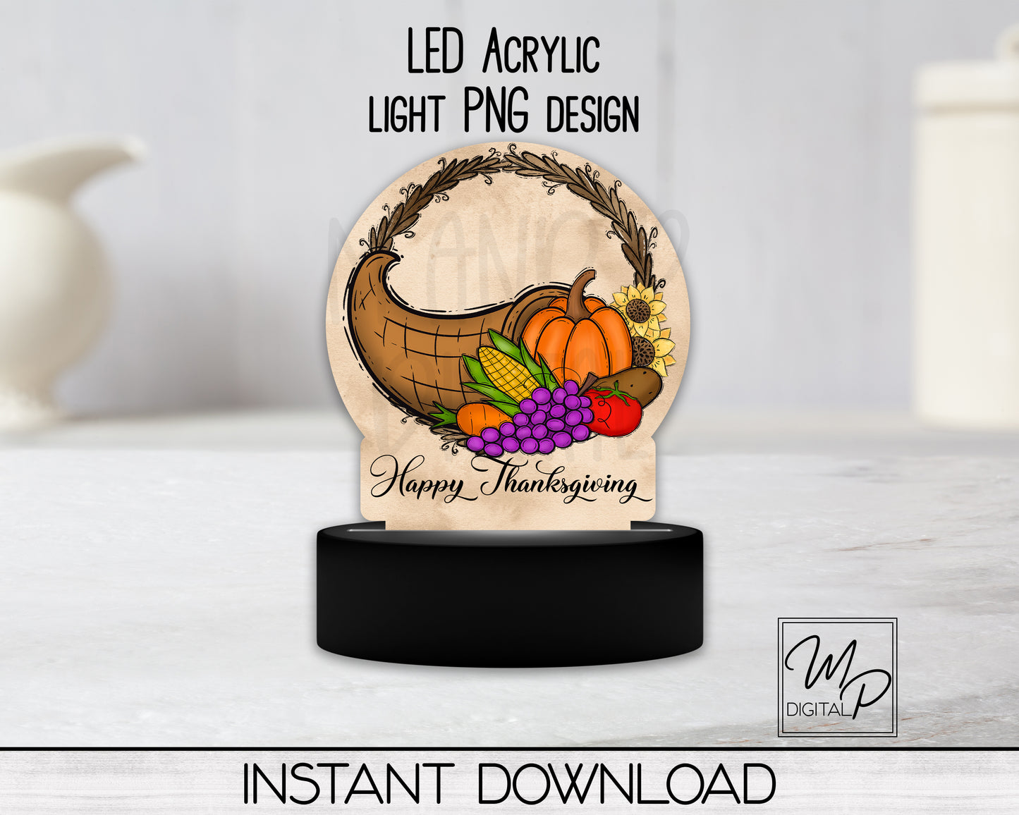 Happy Thanksgiving Cornucopia Round LED Light Up Sign PNG Sublimation Design, Acrylic Lamp, Digital Download